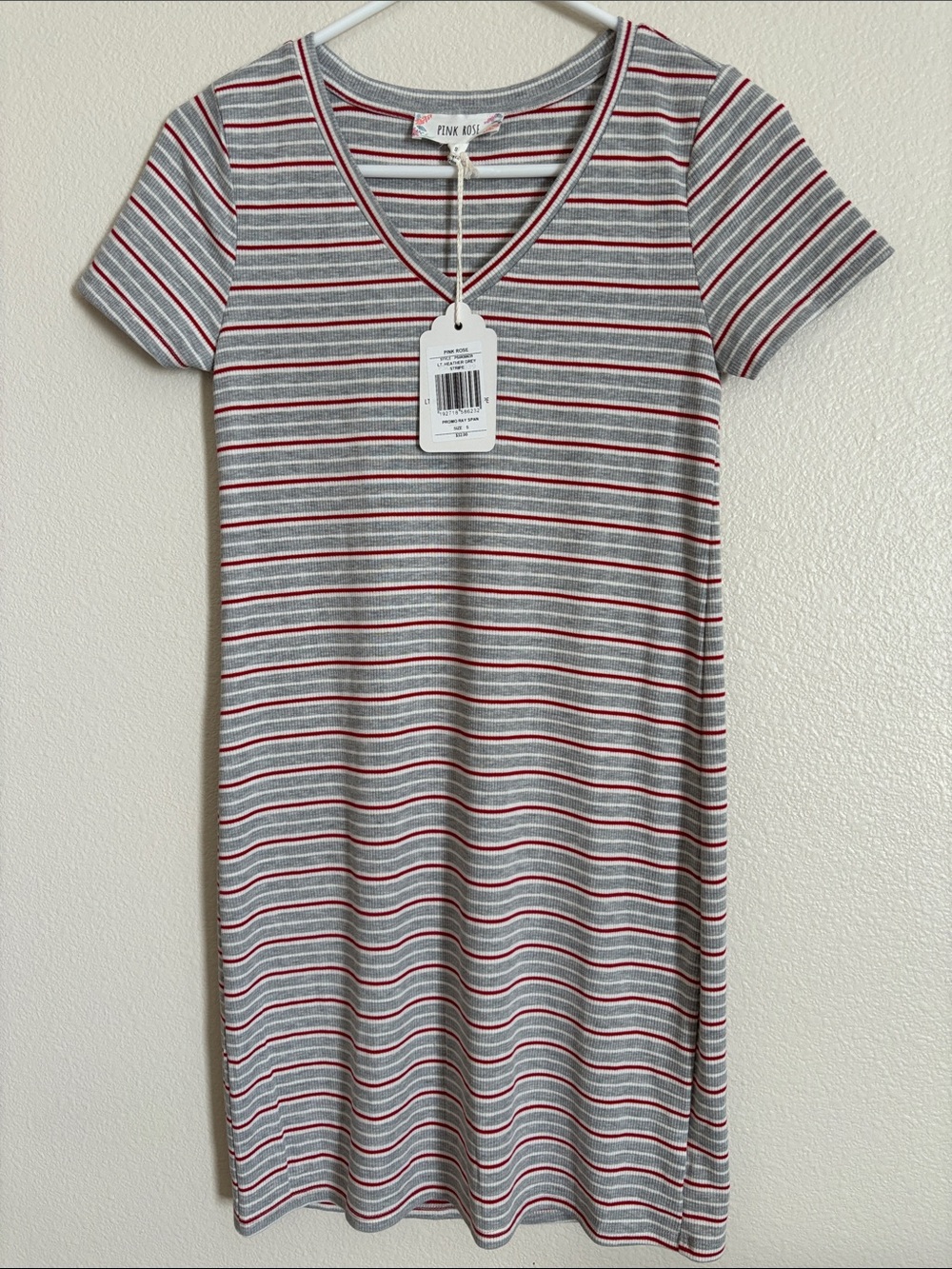 Pink Rose NWT Heather Grey and Red Striped T Shirt Dress Size Small